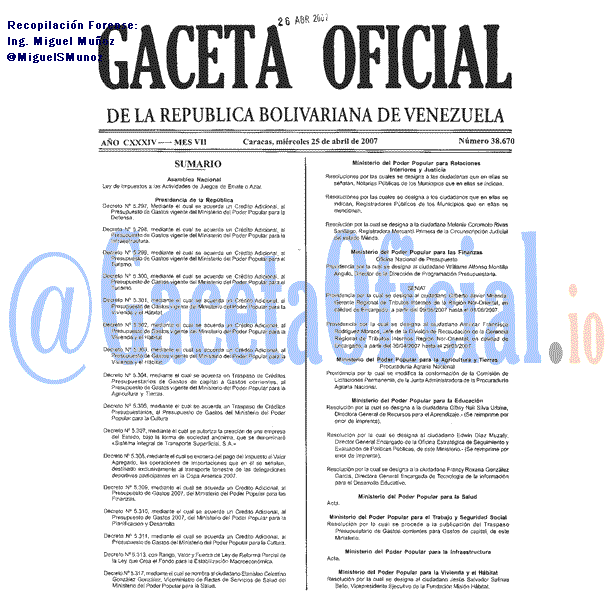 Gaceta Oficial 38670 del 25 Abril 2007