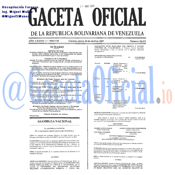 Gaceta Oficial 38671 del 26 Abril 2007