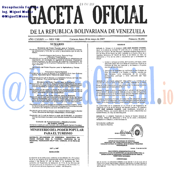 Gaceta Oficial 38692 del 28 Mayo 2007