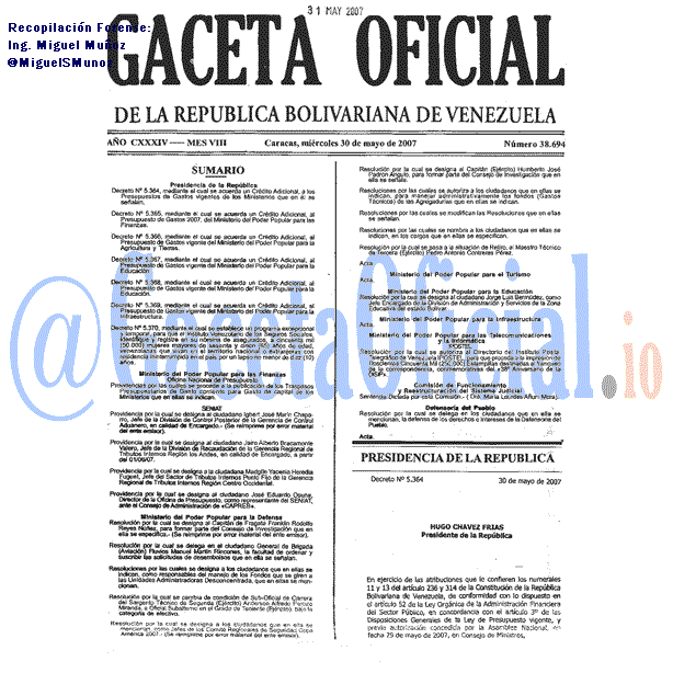 Gaceta Oficial 38694 del 30 Mayo 2007