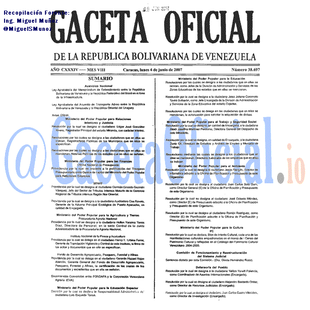 Gaceta Oficial 38697 del 4 Junio 2007