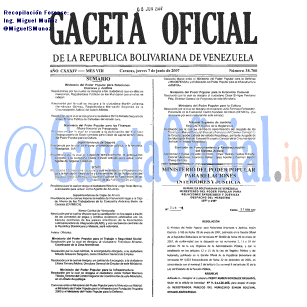Gaceta Oficial 38700 del 7 Junio 2007