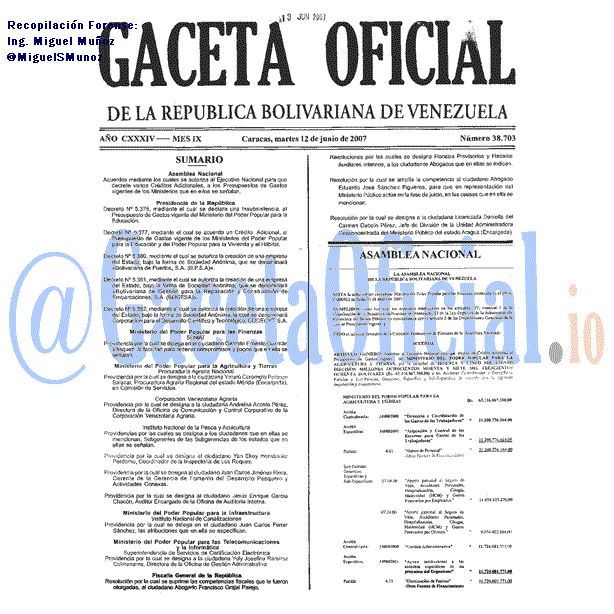 Gaceta Oficial 38703 del 12 Junio 2007