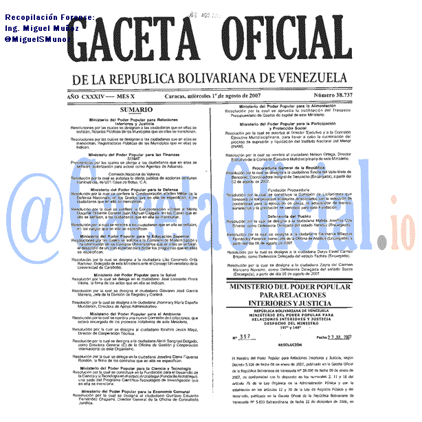 Gaceta Oficial 38737 del 1 Agosto 2007