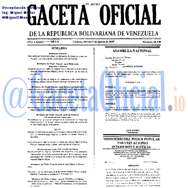 Gaceta Oficial 38739 del 3 Agosto 2007