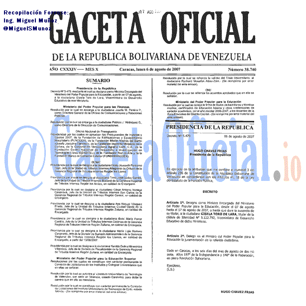 Gaceta Oficial 38740 del 6 Agosto 2007