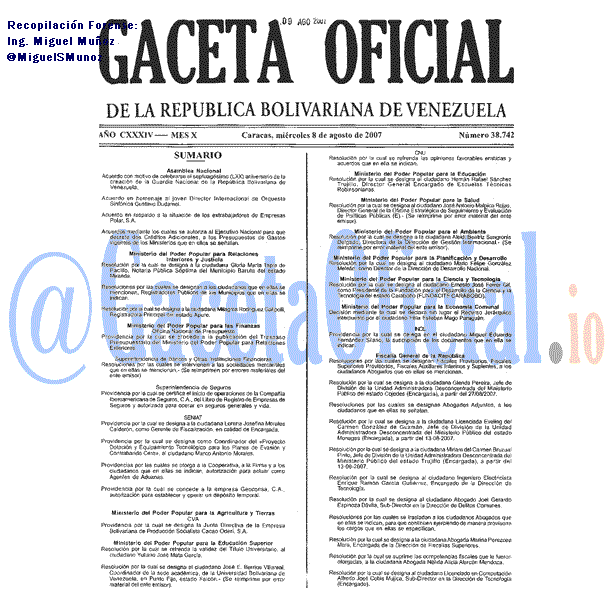Gaceta Oficial 38742 del 8 Agosto 2007