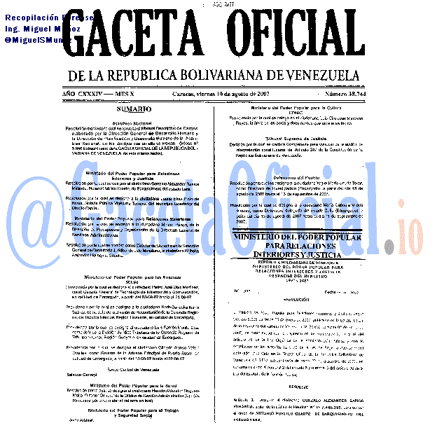 Gaceta Oficial 38744 del 10 Agosto 2007
