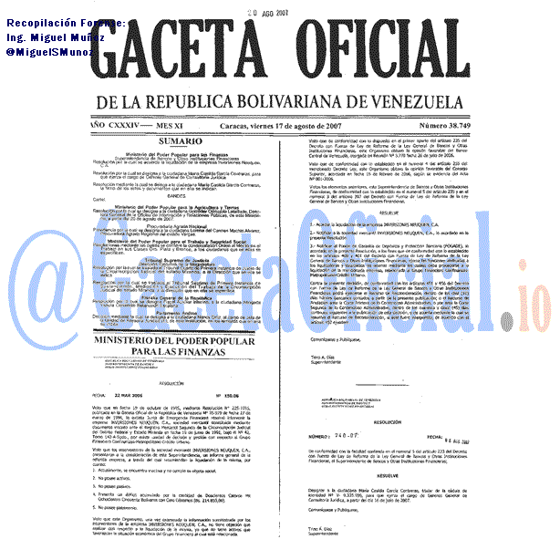Gaceta Oficial 38749 del 17 Agosto 2007