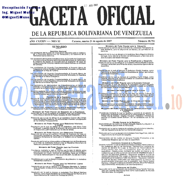Gaceta Oficial 38751 del 21 Agosto 2007