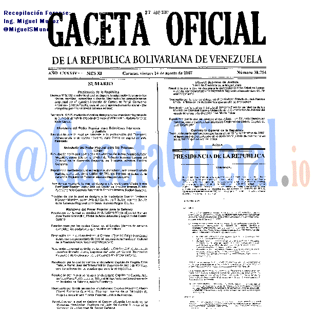 Gaceta Oficial 38754 del 24 Agosto 2007