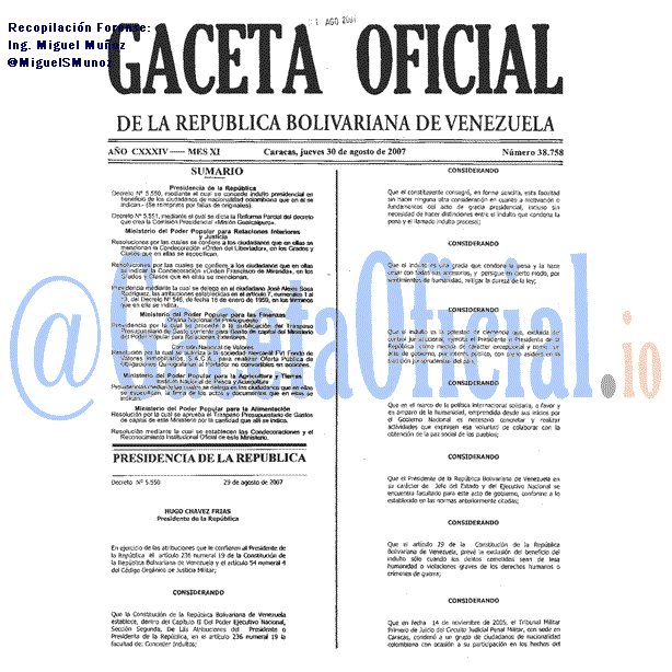 Gaceta Oficial 38758 del 30 Agosto 2007