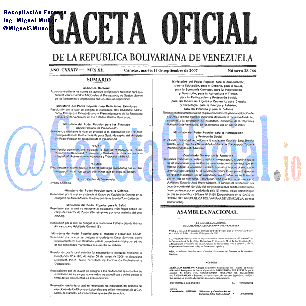 Gaceta Oficial 38766 del 11 Septiembre 2007