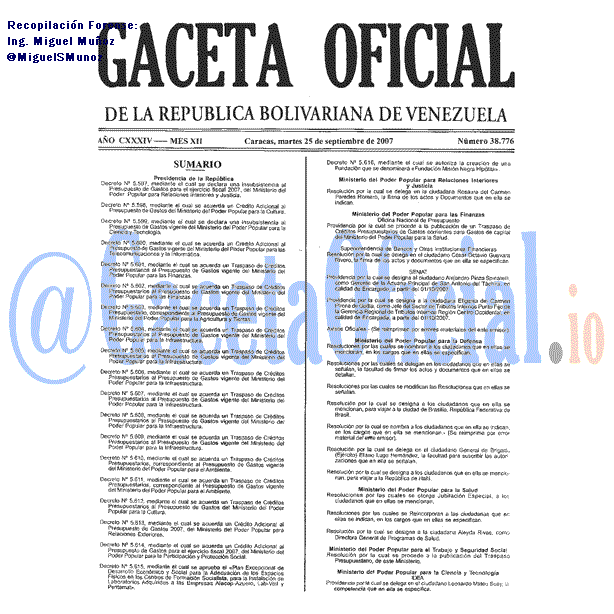 Gaceta Oficial 38776 del 25 Septiembre 2007