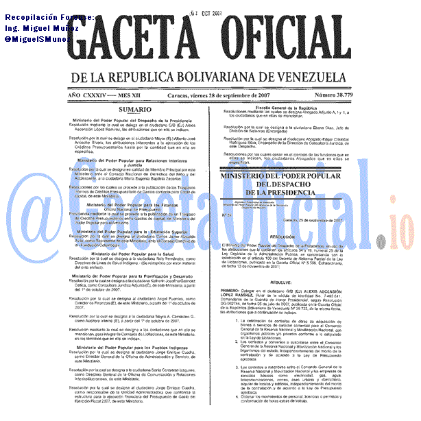Gaceta Oficial 38779 del 28 Septiembre 2007