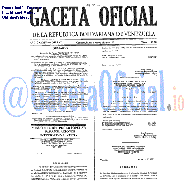 Gaceta Oficial 38780 del 1 Octubre 2007