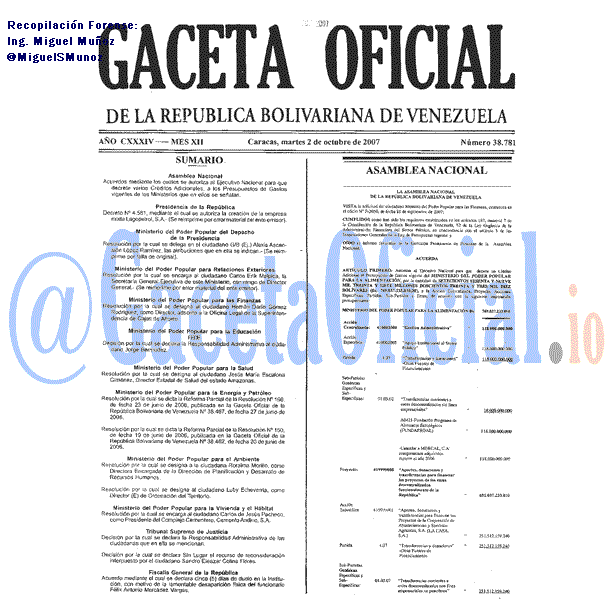 Gaceta Oficial 38781 del 2 Octubre 2007