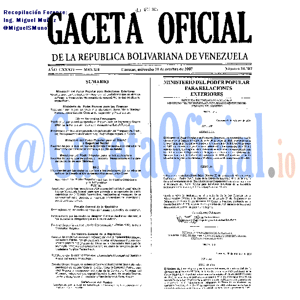 Gaceta Oficial 38787 del 10 Octubre 2007