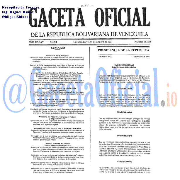 Gaceta Oficial 38788 del 11 Octubre 2007