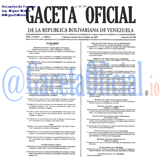 Gaceta Oficial 38790 del 16 Octubre 2007