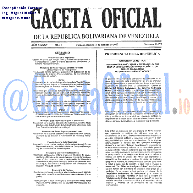 Gaceta Oficial 38793 del 19 Octubre 2007