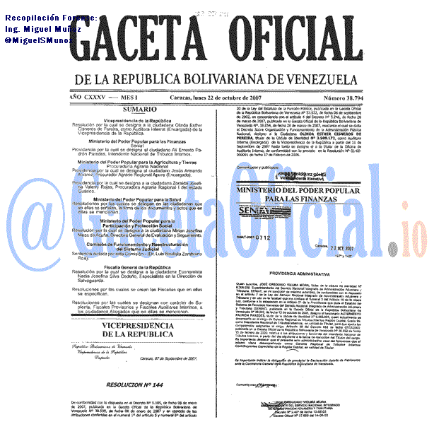 Gaceta Oficial 38794 del 22 Octubre 2007