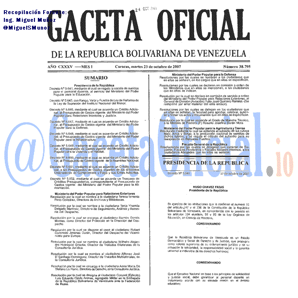Gaceta Oficial 38795 del 23 Octubre 2007