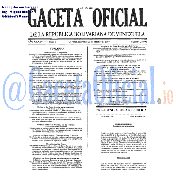 Gaceta Oficial 38800 del 31 Octubre 2007
