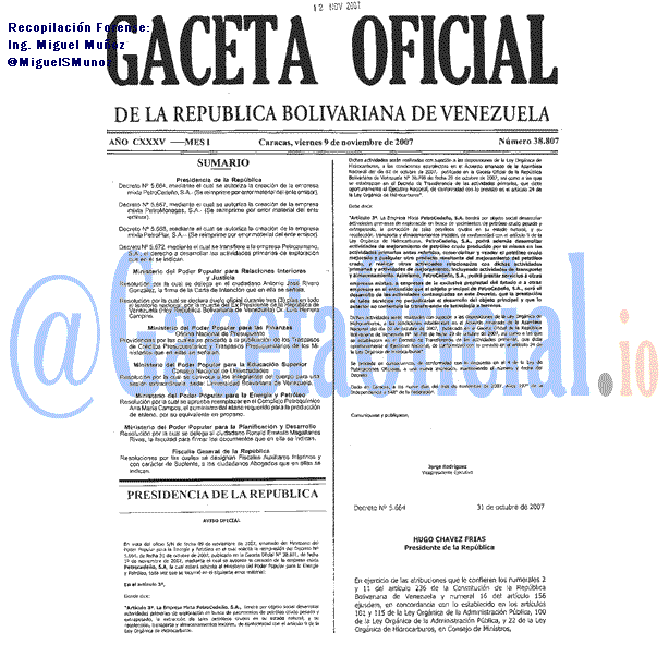 Gaceta Oficial 38807 del 9 Noviembre 2007