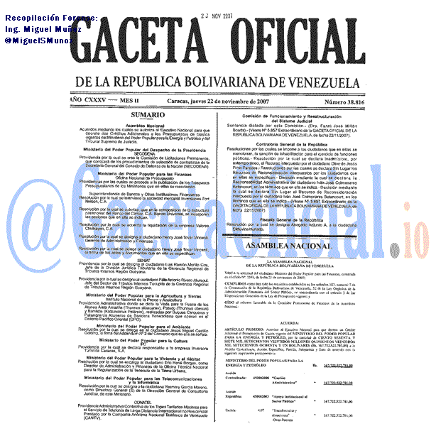 Gaceta Oficial 38816 del 22 Noviembre 2007