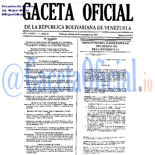 Gaceta Oficial 38817 del 23 Noviembre 2007