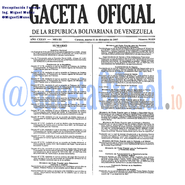 Gaceta Oficial 38829 del 11 Diciembre 2007