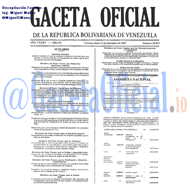 Gaceta Oficial 38833 del 17 Diciembre 2007