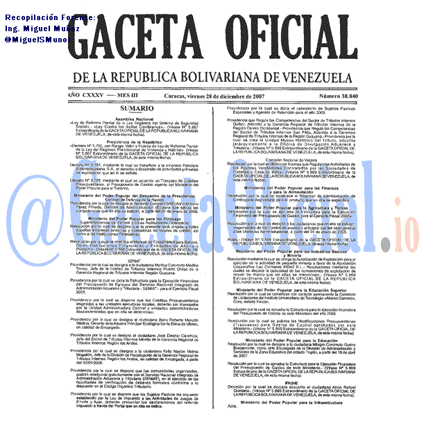 Gaceta Oficial 38840 del 28 Diciembre 2007