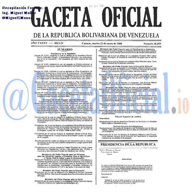 Gaceta Oficial 38855 del 22 Enero 2008