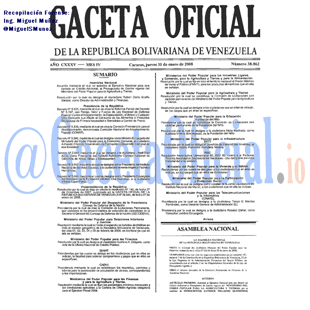 Gaceta Oficial 38862 del 31 Enero 2008