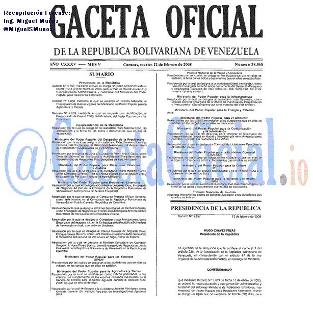 Gaceta Oficial 38868 del 12 Febrero 2008