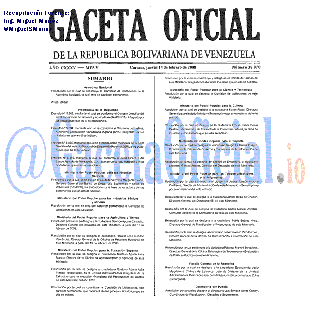 Gaceta Oficial 38870 del 14 Febrero 2008