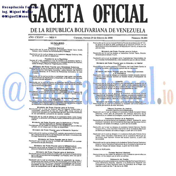 Gaceta Oficial 38881 del 29 Febrero 2008