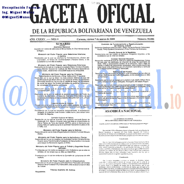 Gaceta Oficial 38886 del 7 Marzo 2008