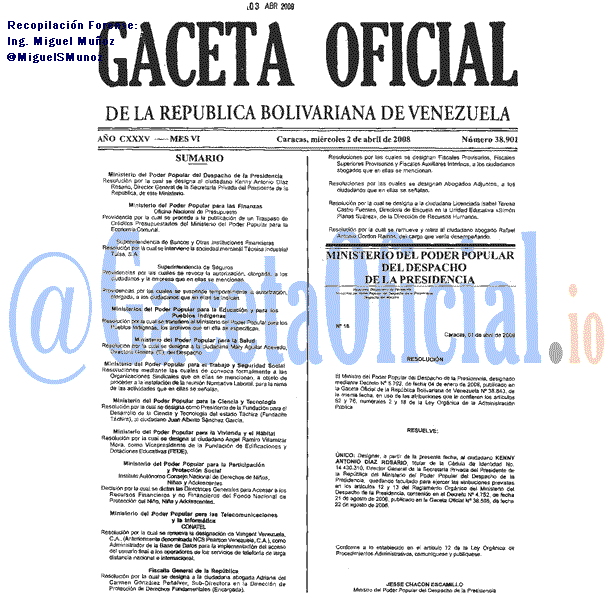 Gaceta Oficial 38901 del 2 Abril 2008