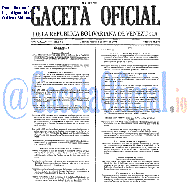 Gaceta Oficial 38905 del 8 Abril 2008