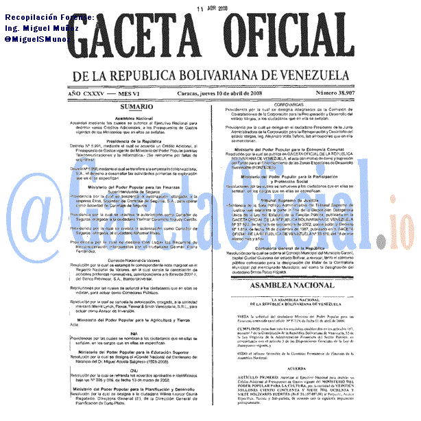 Gaceta Oficial 38907 del 10 Abril 2008
