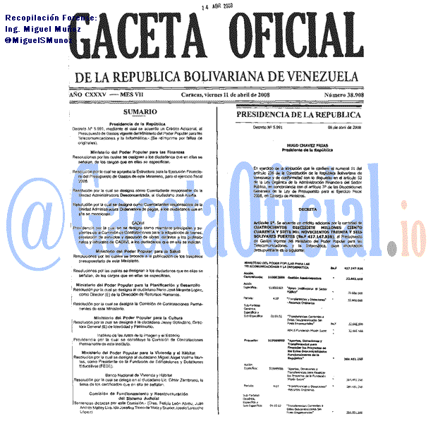 Gaceta Oficial 38908 del 11 Abril 2008