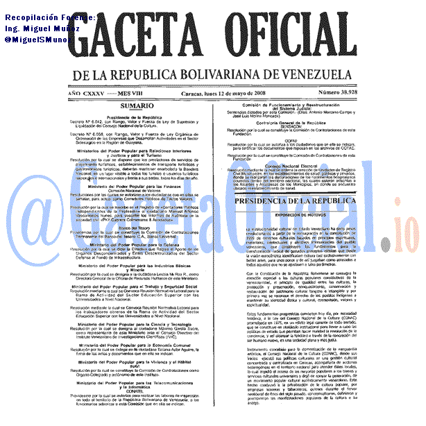 Gaceta Oficial 38928 del 12 Mayo 2008