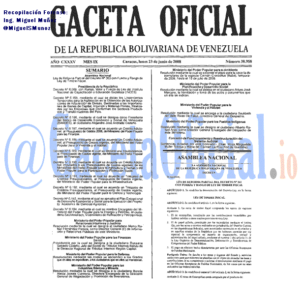 Gaceta Oficial 38958 del 23 Junio 2008