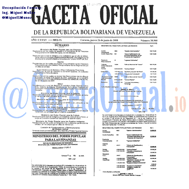 Gaceta Oficial 38960 del 26 Junio 2008