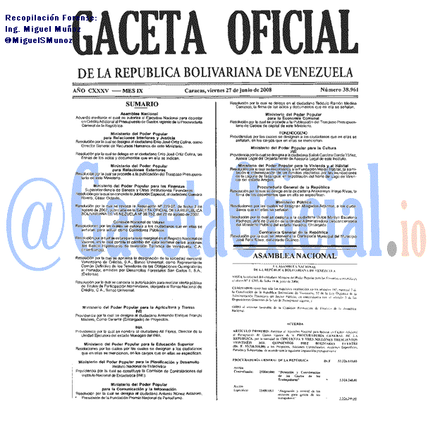 Gaceta Oficial 38961 del 27 Junio 2008