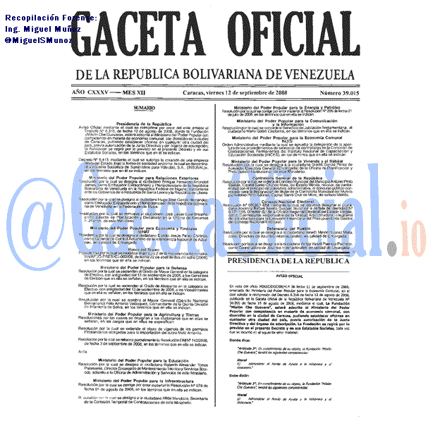 Gaceta Oficial 39015 del 12 Septiembre 2008