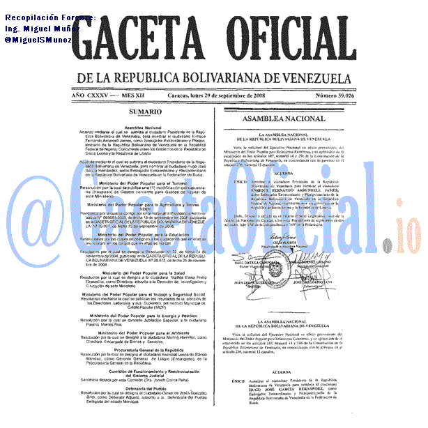 Gaceta Oficial 39026 del 29 Septiembre 2008